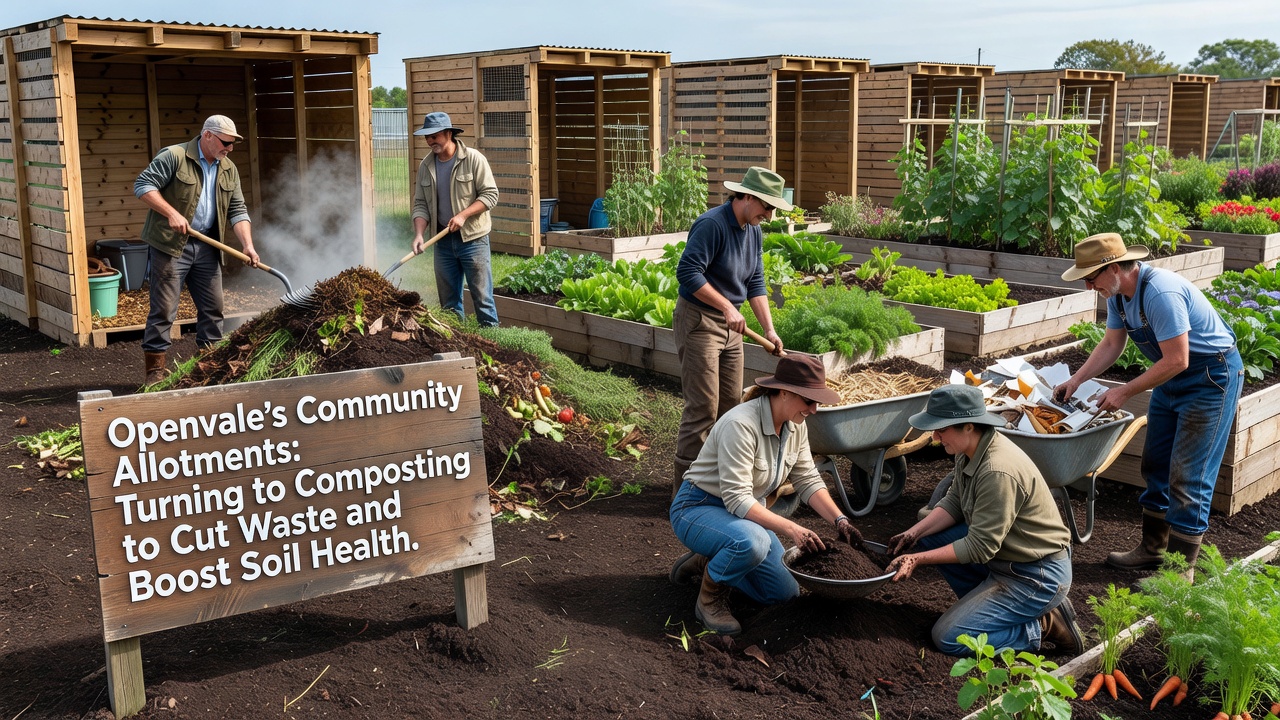 Volunteers turning compost piles at Openvale community allotments with healthy soil and vegetable crops visible in background beds