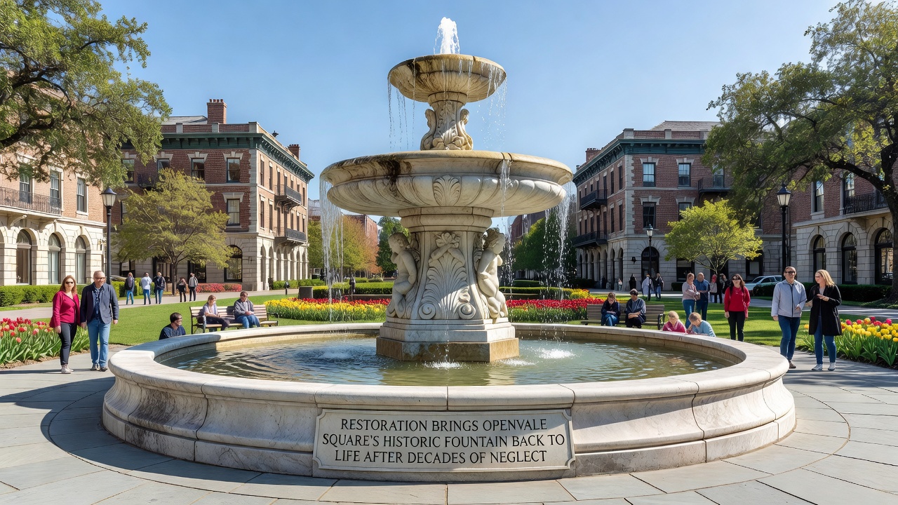 Restored Openvale Square fountain flowing with water during final testing phase